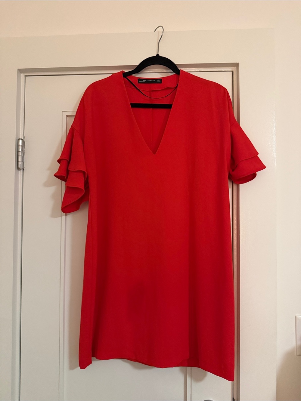 ZARA Vibrant Red V-Neck Ruffle Sleeve Shift Dress